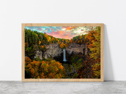 Taughannock Falls In Autumn Forest Glass Framed Wall Art, Ready to Hang Quality Print Without White Border Oak