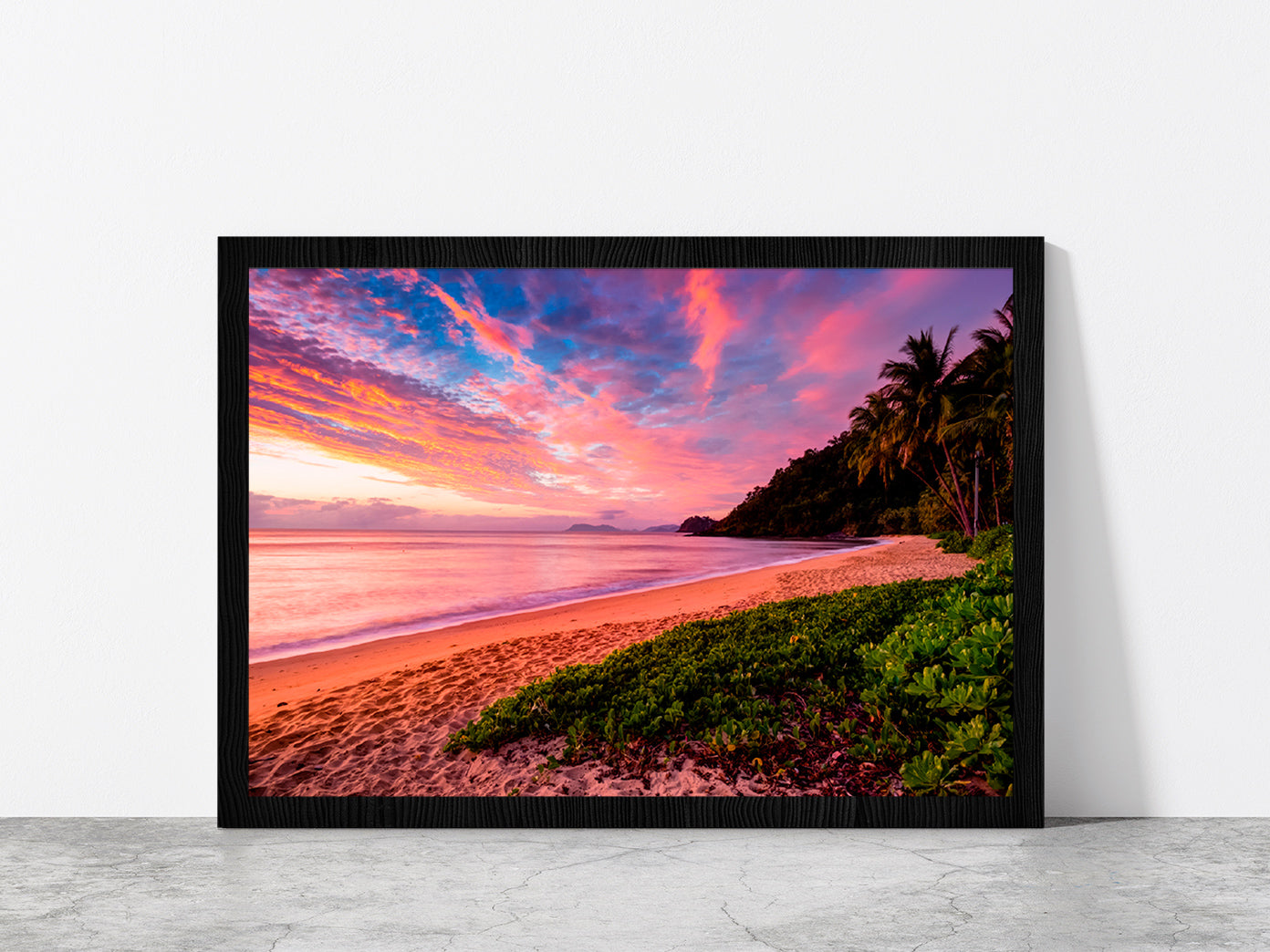 Sunrise Sky Viewed Trinity Beach Glass Framed Wall Art, Ready to Hang Quality Print Without White Border Black