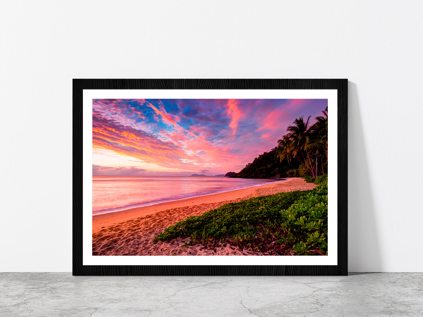 Sunrise Sky Viewed Trinity Beach Glass Framed Wall Art, Ready to Hang Quality Print With White Border Black