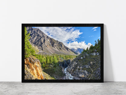 Narrow River In Siberian Mountain Glass Framed Wall Art, Ready to Hang Quality Print Without White Border Black