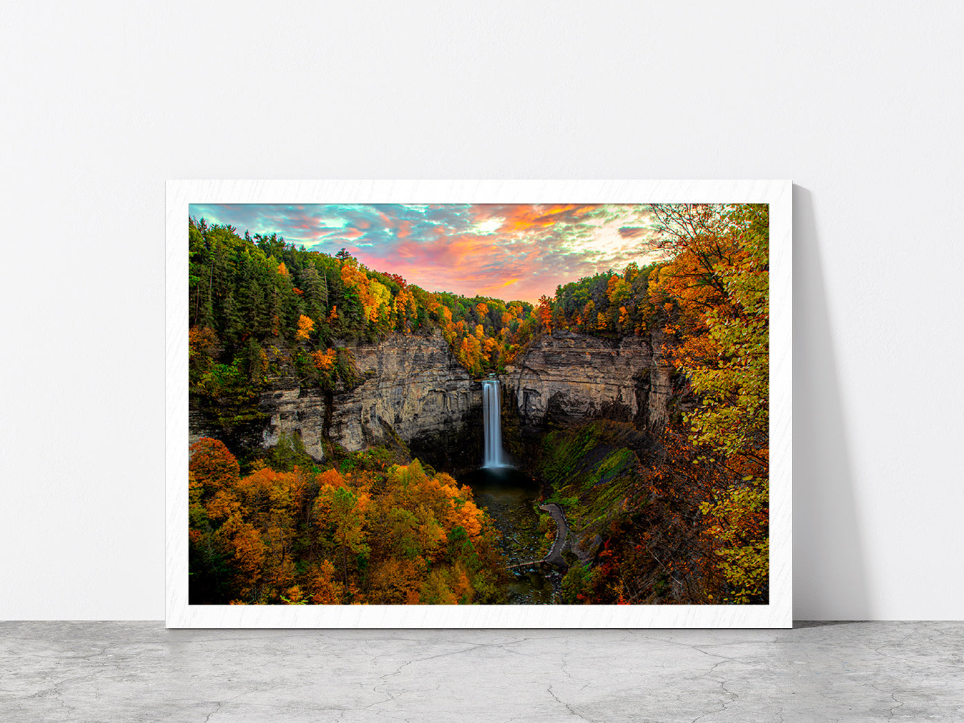 Taughannock Falls In Autumn Forest Glass Framed Wall Art, Ready to Hang Quality Print Without White Border White