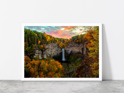 Taughannock Falls In Autumn Forest Glass Framed Wall Art, Ready to Hang Quality Print Without White Border White