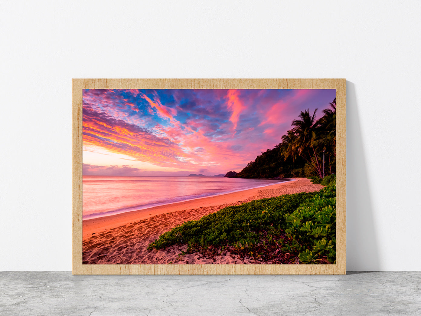 Sunrise Sky Viewed Trinity Beach Glass Framed Wall Art, Ready to Hang Quality Print Without White Border Oak