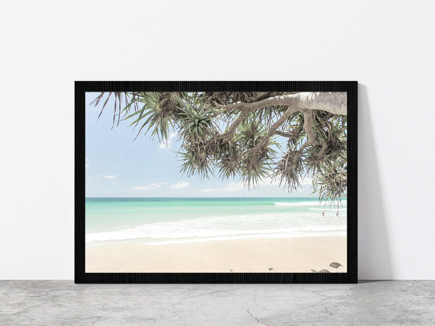 Trees near Sand Beach & Seawaves Photograph Glass Framed Wall Art, Ready to Hang Quality Print Without White Border Black