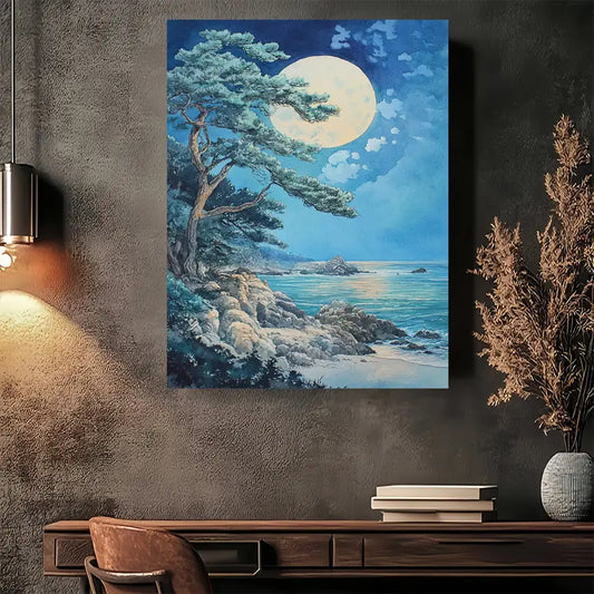 Beautiful Moonlit Coastal Serenity Tranquil Painting 40x60cm Metal Print Ready to Hang