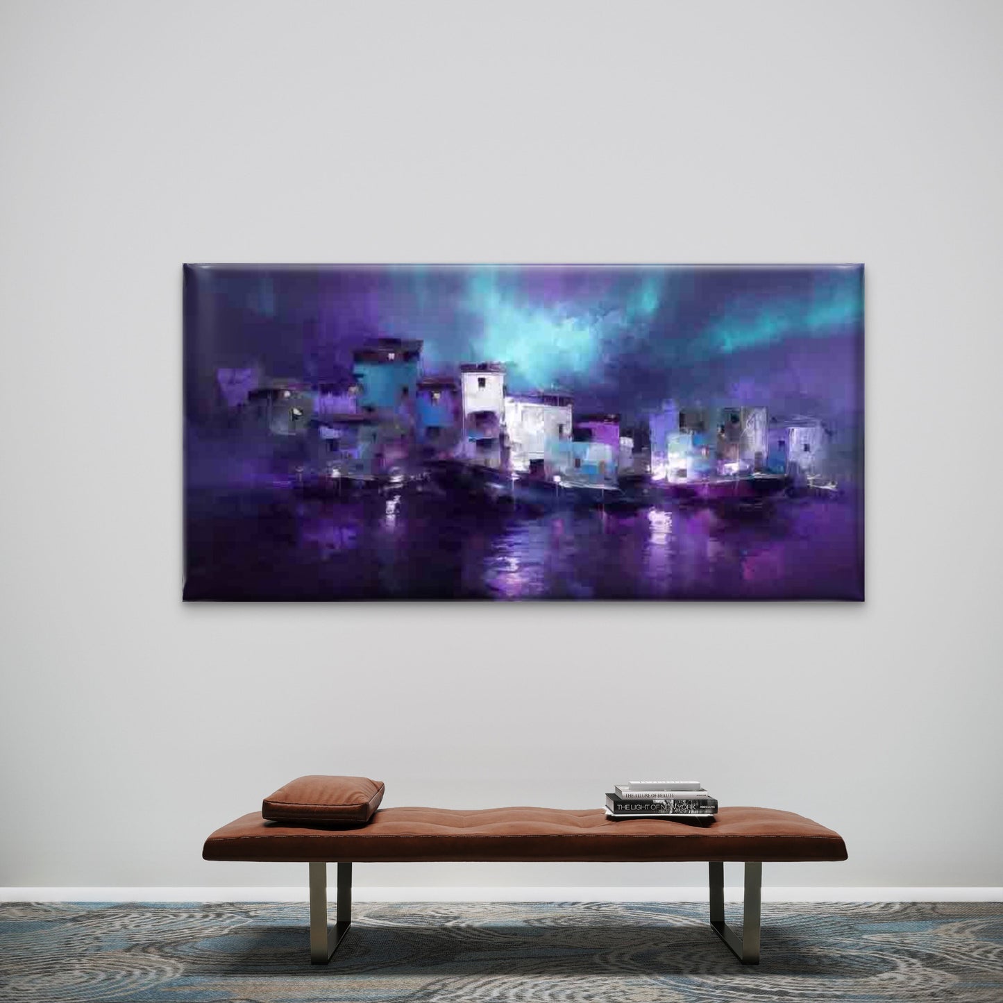 Purple Night City Waterfront Wall Art Canvas Office Home Room Framed 120x60cm