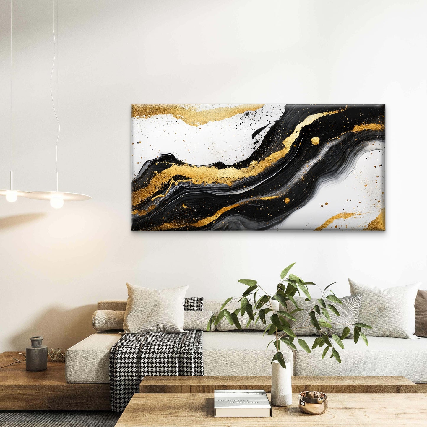 Black Gold Fluid Abstract Wall Art Canvas Office Home Room Framed 120x60cm - Bella Home Decor