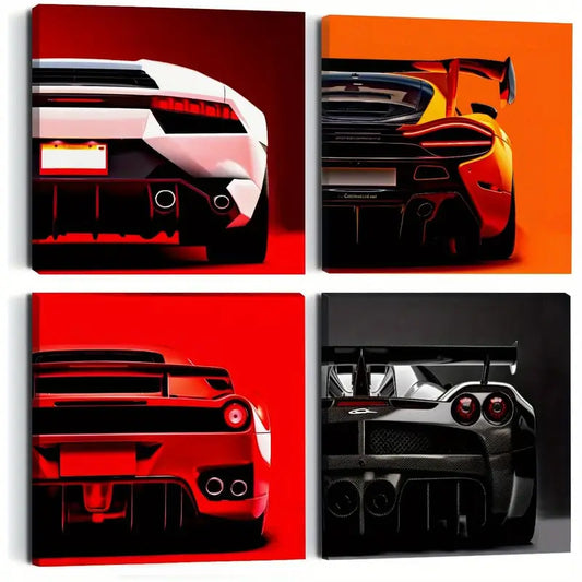 4pcs Cool Racing Garage Black And White Themed Wall Art Canvas Framed