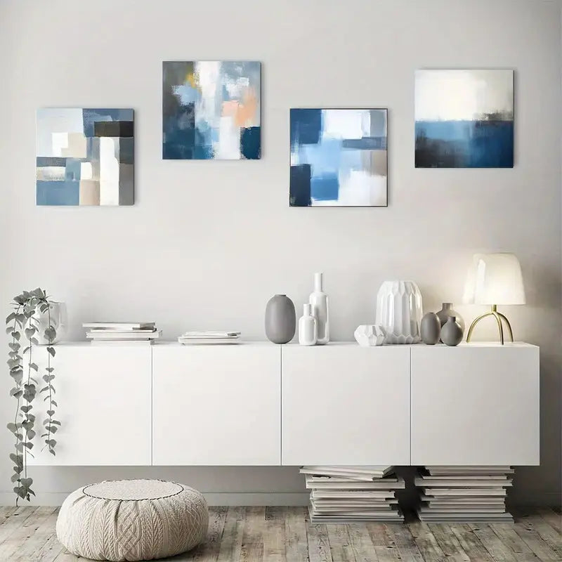4pcs Abstract Blue Gray Brown Wall Art Canvas Framed