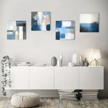 4pcs Abstract Blue Gray Brown Wall Art Canvas Framed