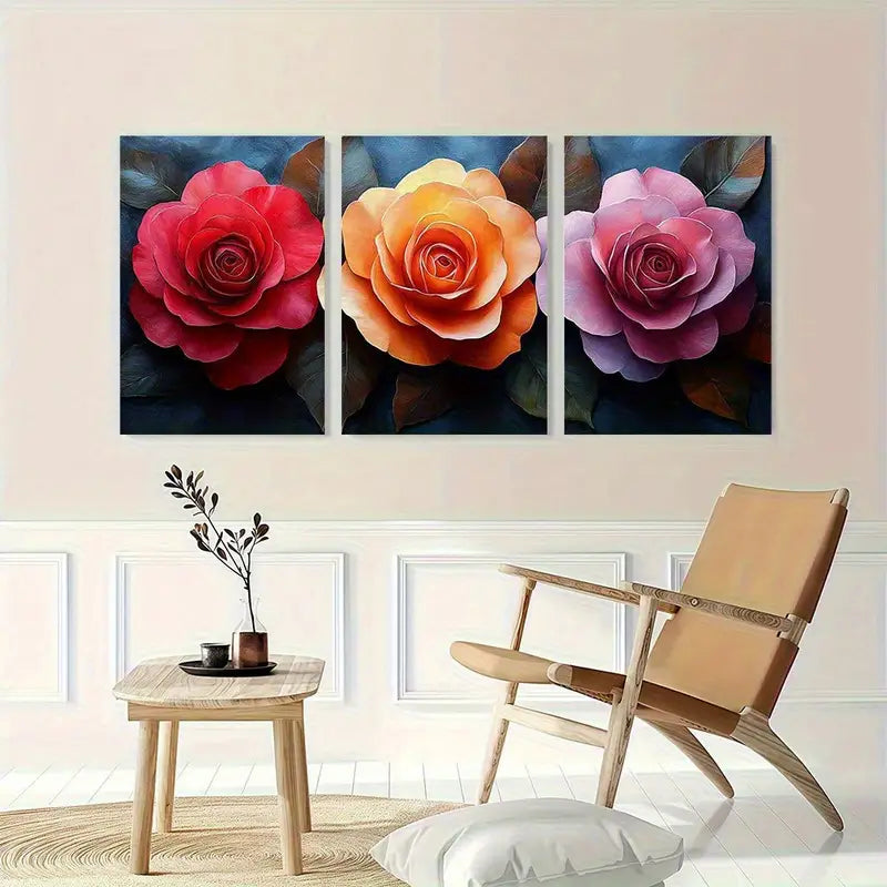 3pcs Red Pink Orange Purple Floral Metal Print Ready to Hang Art