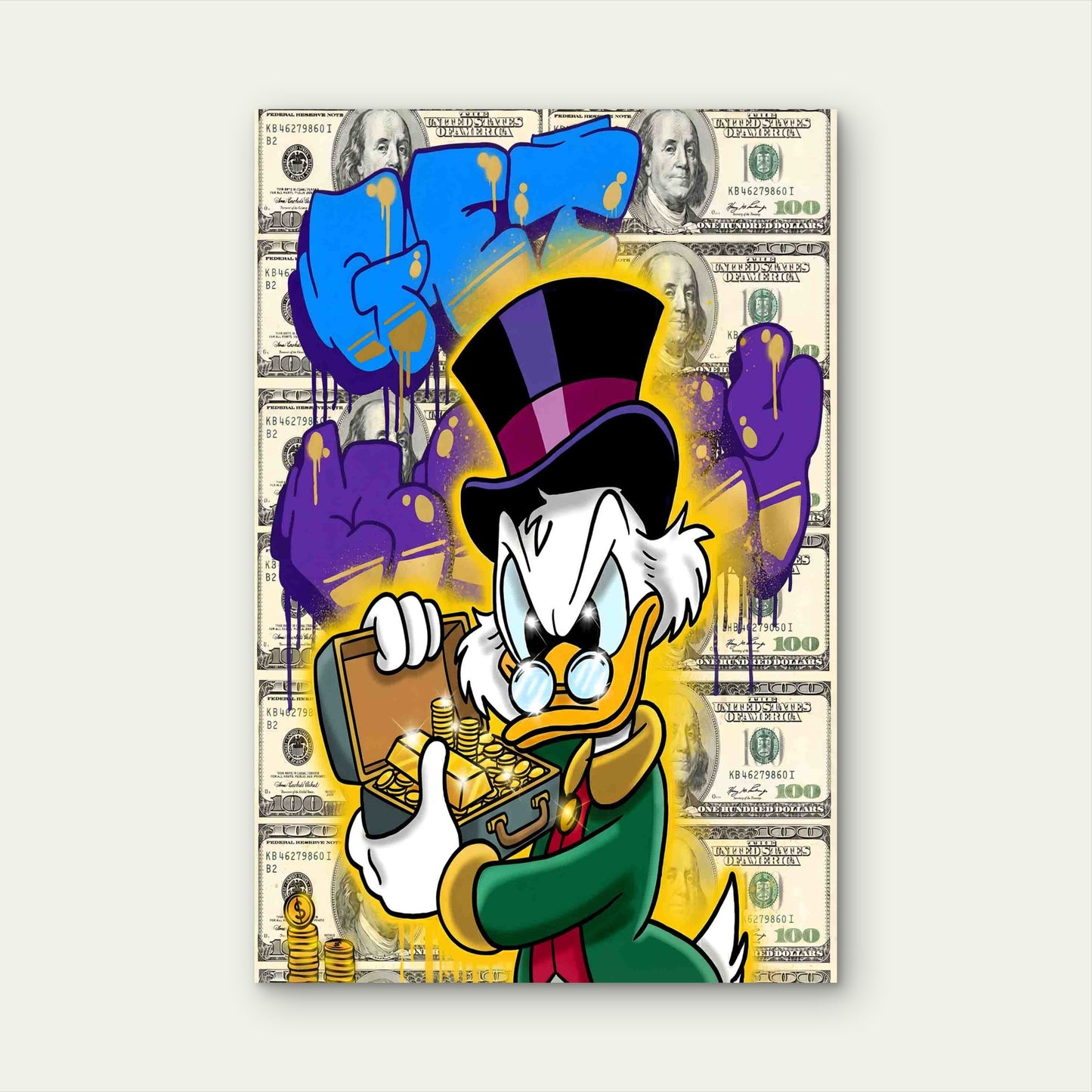 Duck Top Hat Gold Briefcase Money 40x60cm Metal Print Ready to Hang