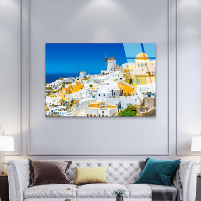Greek Island Oia White Town Ocean Acrylic Glass Printing Wall Art Australian Made Quality