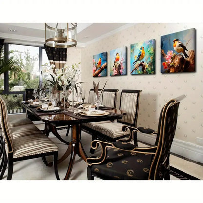 4pcs Colorful Birds Sitting On Tree Branch Wall Art Canvas Framed