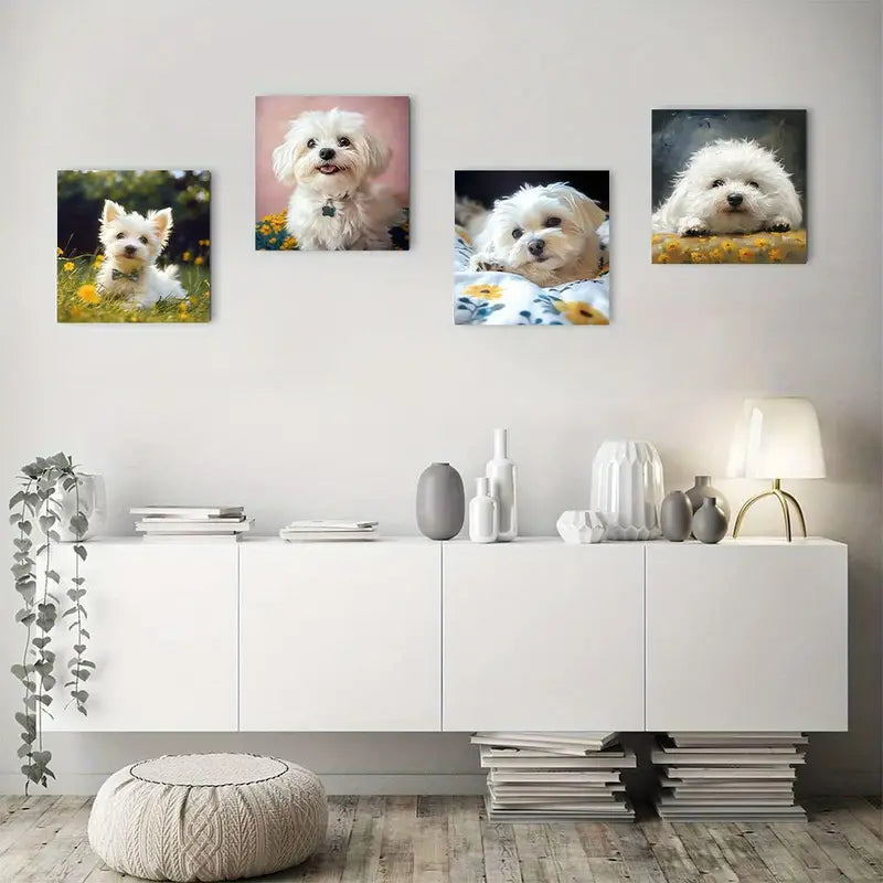 4pcs Playful White Puppies In Floral Meadow Wall Art Canvas Framed