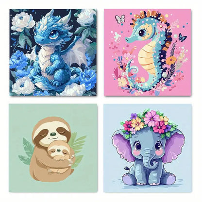 4pcs Sloth Hippocampus  Small animals   Wall Art Canvas Framed