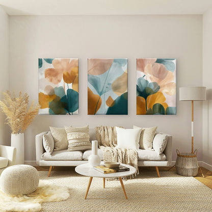3pcs Abstract Ginkgo Floral Ochre Teal Mustard Blush Pink Wall Art Set Canvas Framed 40x60cm - High Quality Print 100% Australian Made Wall Canvas Ready to Hang