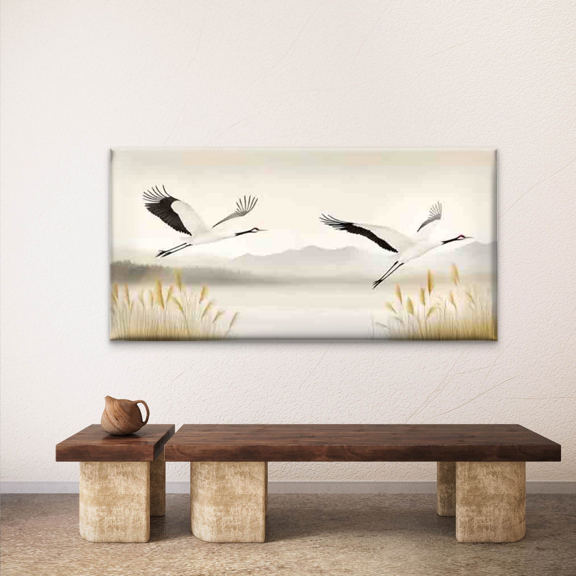 Elegant Cranes Landscape Wall Art Canvas Office Home Room Framed 120x60cm - Bella Home Decor
