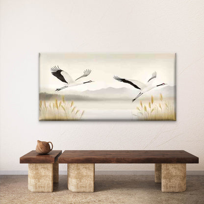 Elegant Cranes Landscape Wall Art Canvas Office Home Room Framed 120x60cm - Bella Home Decor