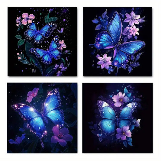 4pcs Purple Butterfly Purple Floral Elegant Wall Art Canvas Framed
