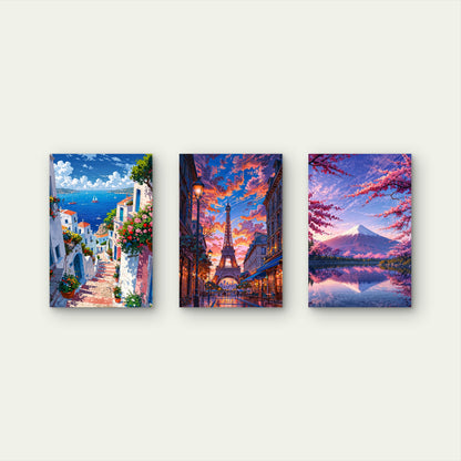 3pcs Paris Eiffel Tower Greece Mount Fuji Japan  Wall Art Set Canvas Framed 50x70cm - High Quality Print 100% Australian Made Wall Canvas Ready to Hang