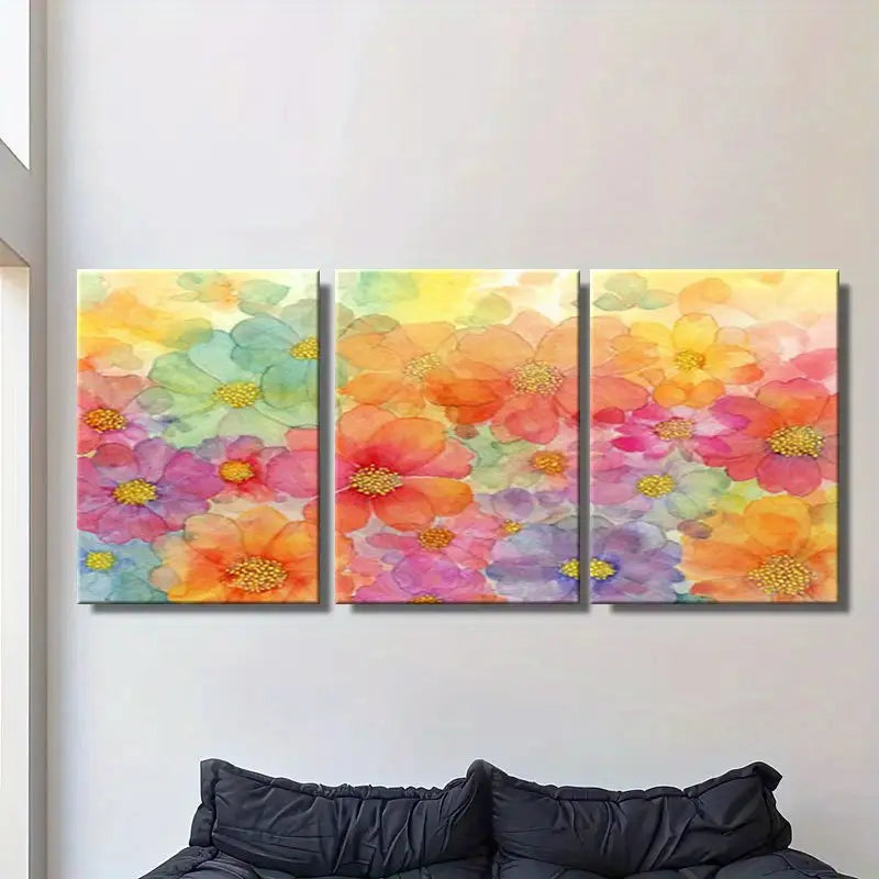 3pcs Pink Background With Multicolor Flowers  Metal Print Ready to Hang Art