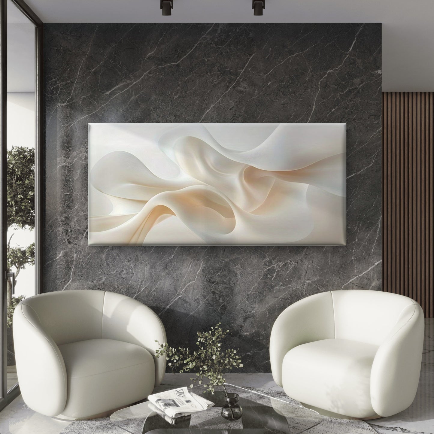 Abstract White & Beige Wall Art Canvas Office Home Room Framed 120x60cm