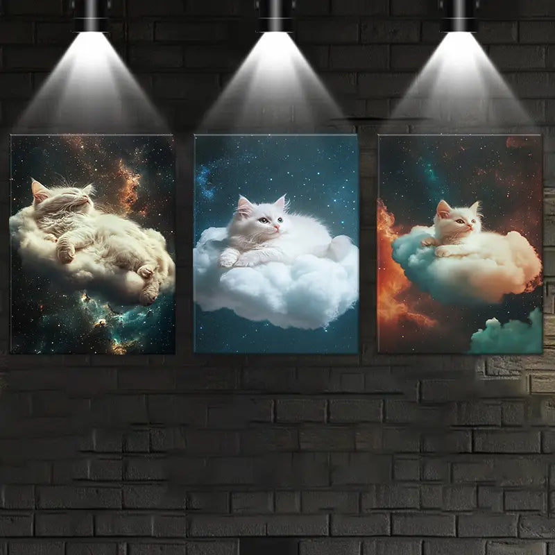3pcs Whimsical Cat Cloud Elegant Painting Metal Print Ready to Hang Art