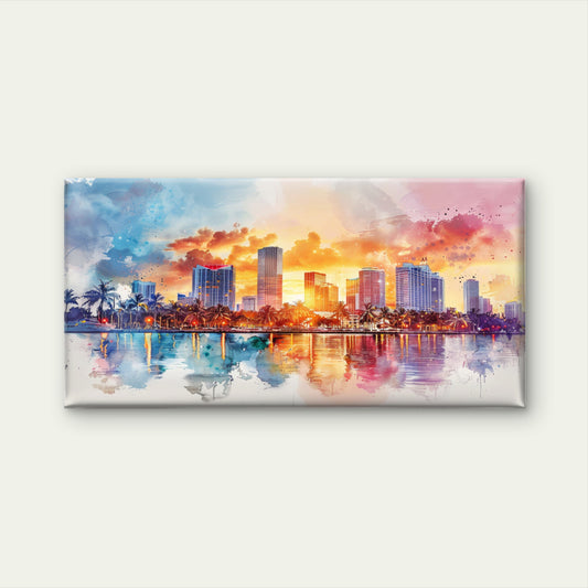 Miami Skyline Watercolor Wall Art Canvas Office Home Room Framed 120x60cm