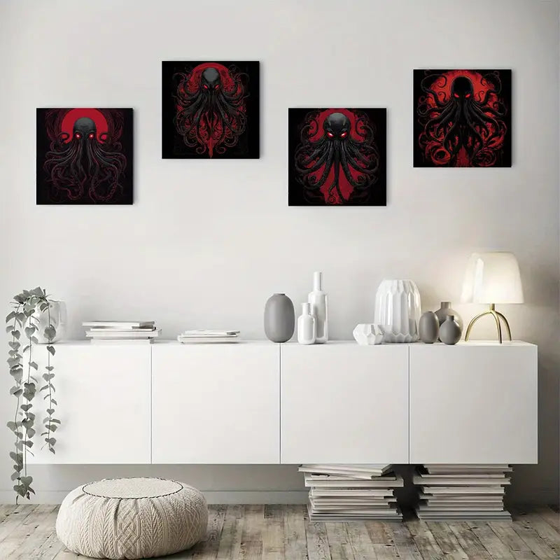 4pcs Black & Red Octopus Design Wall Art Canvas Framed