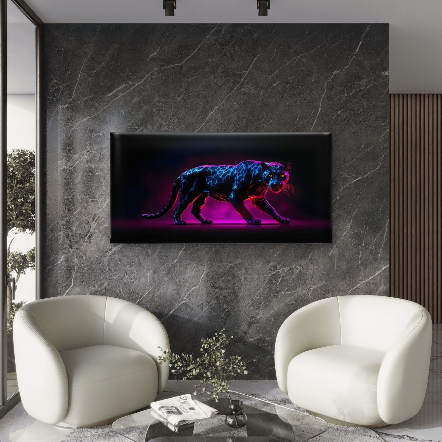 Neon Blue And Pink Glowing Panther Wildlife Predator Cyberpunk Style Wall Art Canvas Office Home Room Framed 120x60cm