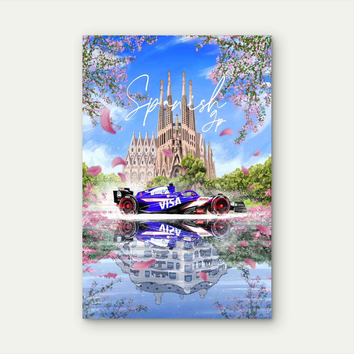 Blue Racing Car Spanish Grand Prix 40x60cm Metal Print Ready to Hang