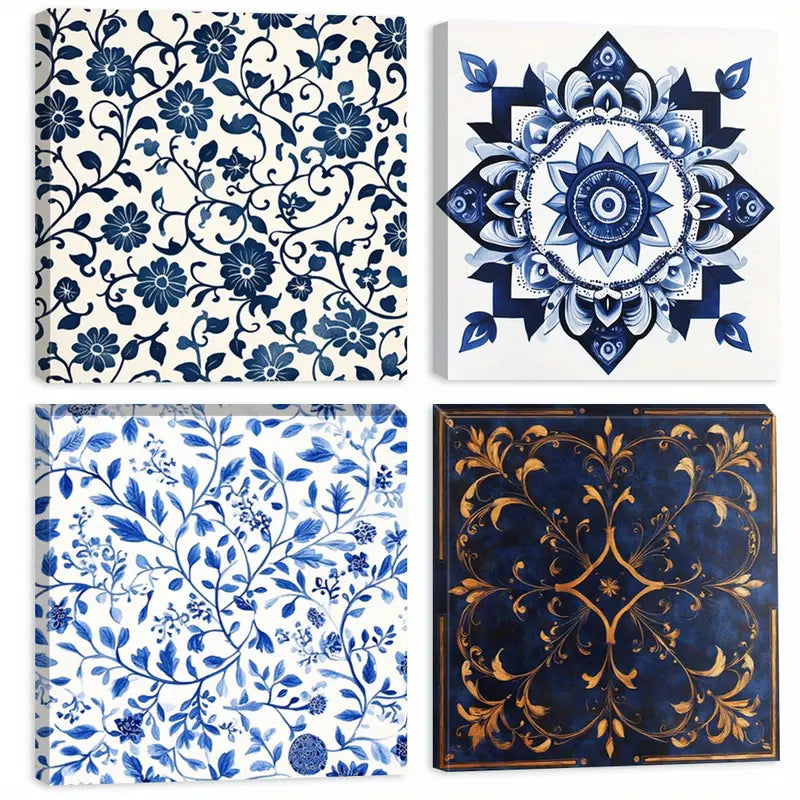 4pcs Blue Color Square Room Aesthetic   Wall Art Canvas Framed