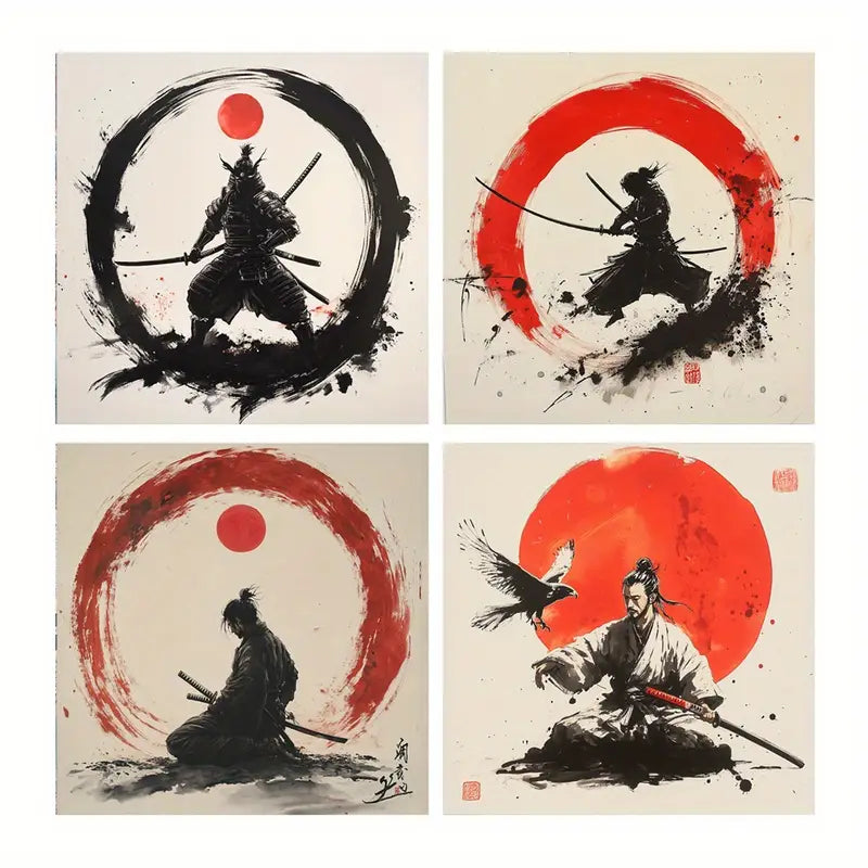 4pcs Japanese Culture Posters, Sword  Wall Art Canvas Framed