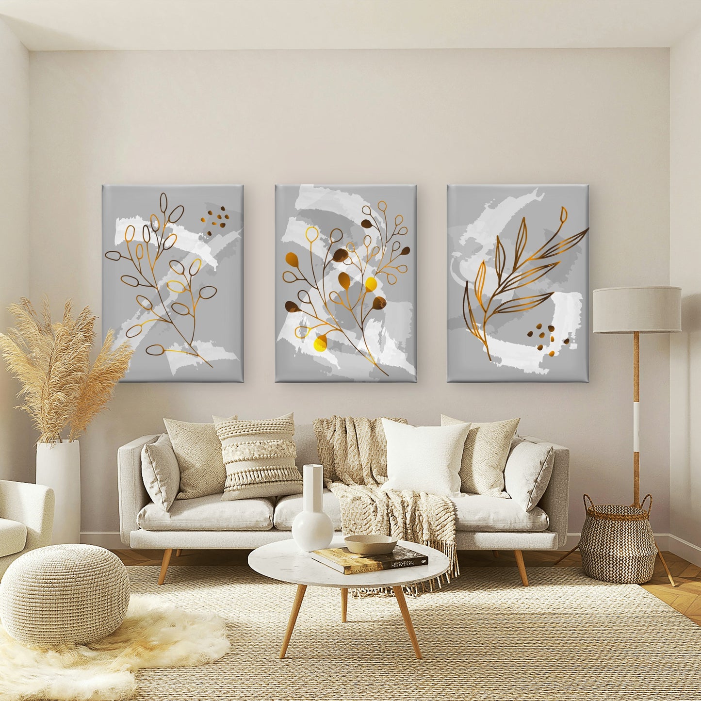 3pcs Abstract Gold Leaf Grey Botanical Trio    Wall Art Set Canvas Framed 60x90cm - High Quality Print 100% Australian Made Wall Canvas Ready to Hang