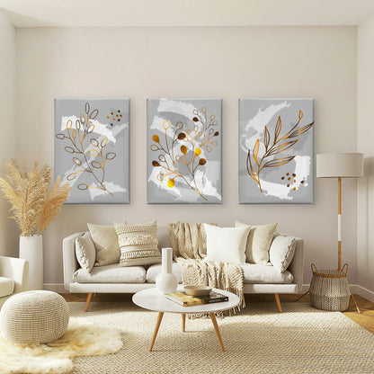 3pcs Abstract Gold Leaf Grey Botanical Trio    Wall Art Set Canvas Framed 60x90cm - High Quality Print 100% Australian Made Wall Canvas Ready to Hang