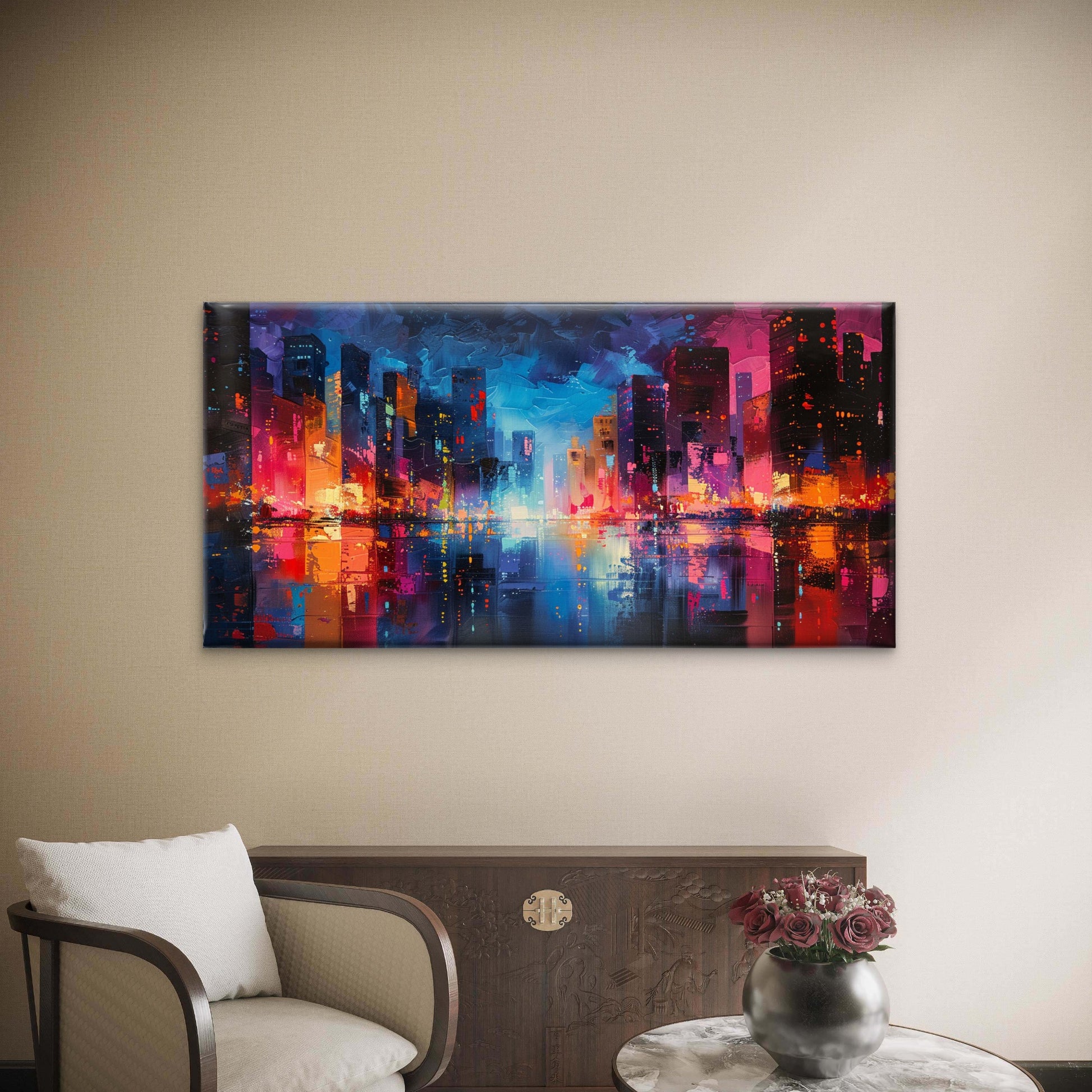 Neon Lights Across Streets Wall Art Canvas Office Home Room Framed 120x60cm - Bella Home Decor