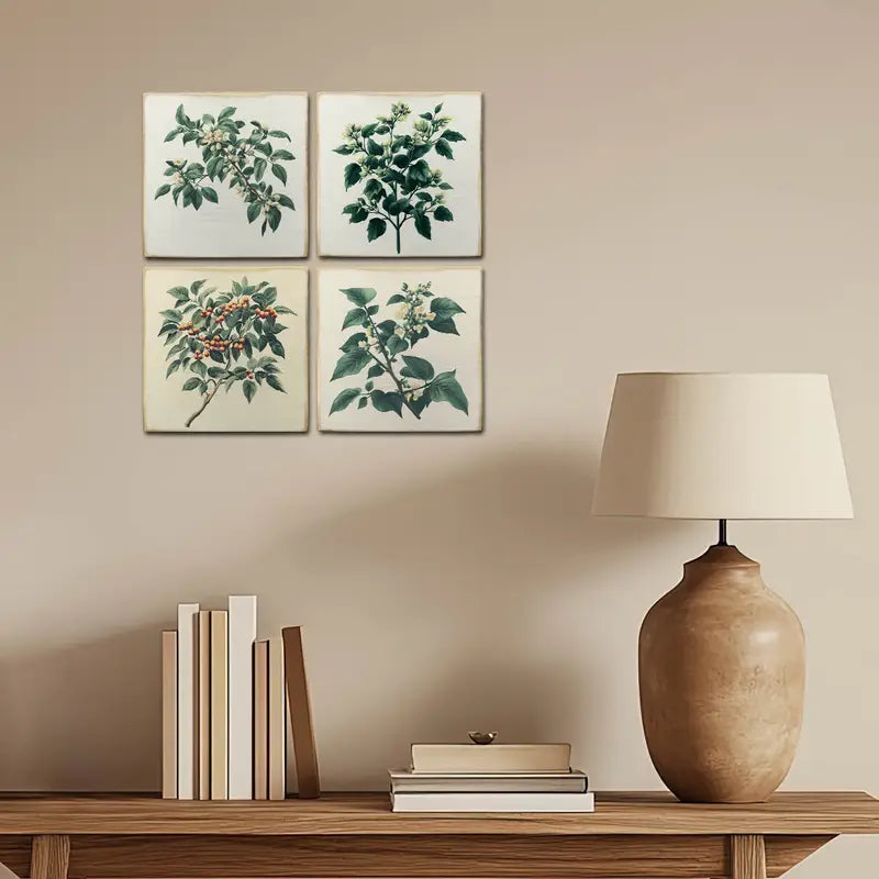 4pcs Green Trees With Flowers Wall Art Canvas Framed