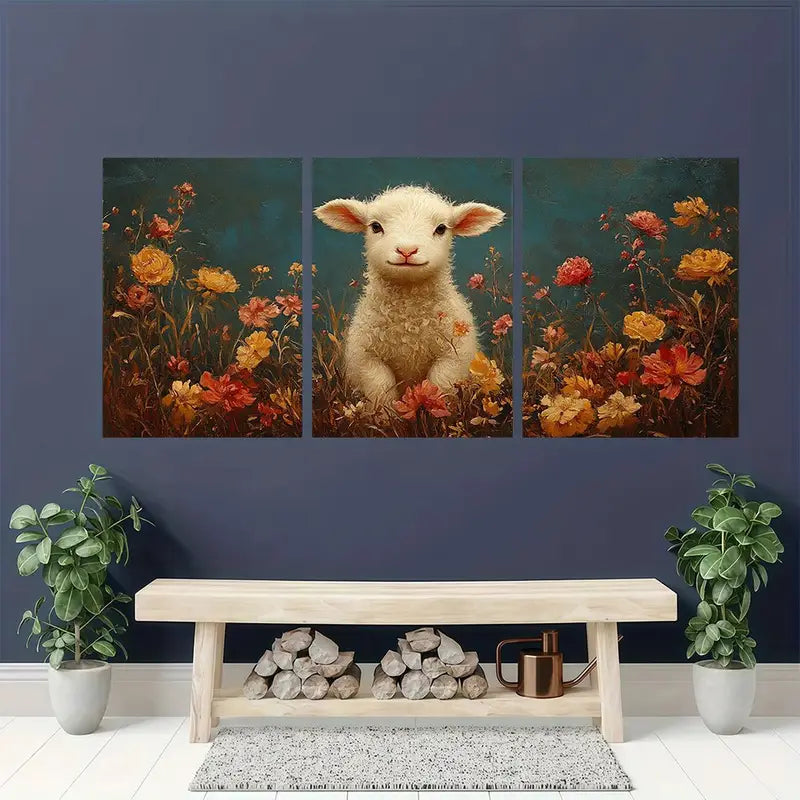 3pcs Vintage Lamb Canvas Metal Print Ready to Hang Art