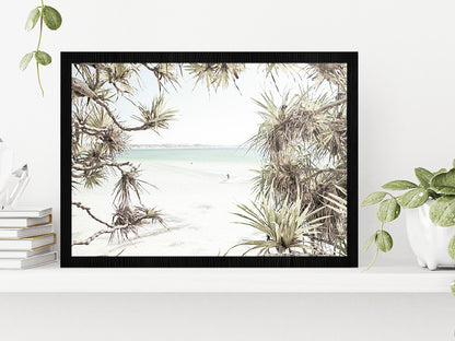 Trees near Surf Beach Faded Photograph Glass Framed Wall Art, Ready to Hang Quality Print Without White Border Black