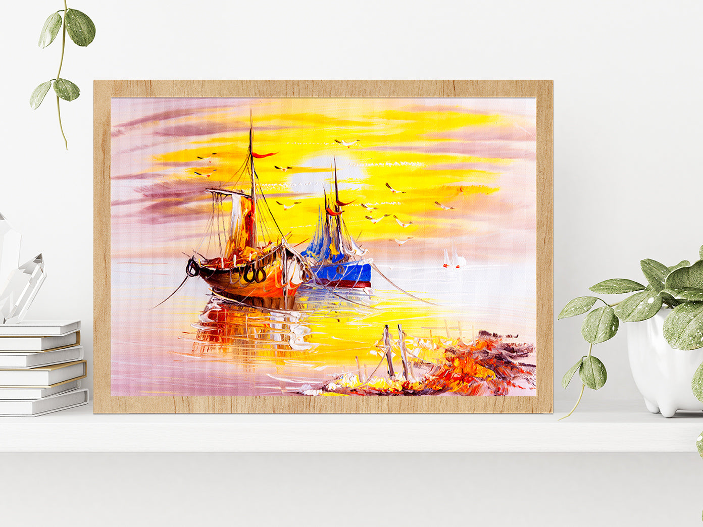 Boats On Sea Oil Painting Glass Framed Wall Art, Ready to Hang Quality Print Without White Border Oak