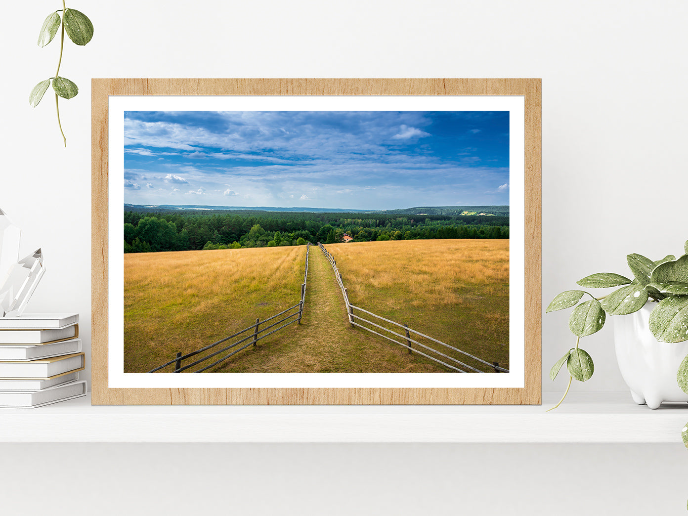 Path Leading To Hill With Tower Glass Framed Wall Art, Ready to Hang Quality Print With White Border Oak