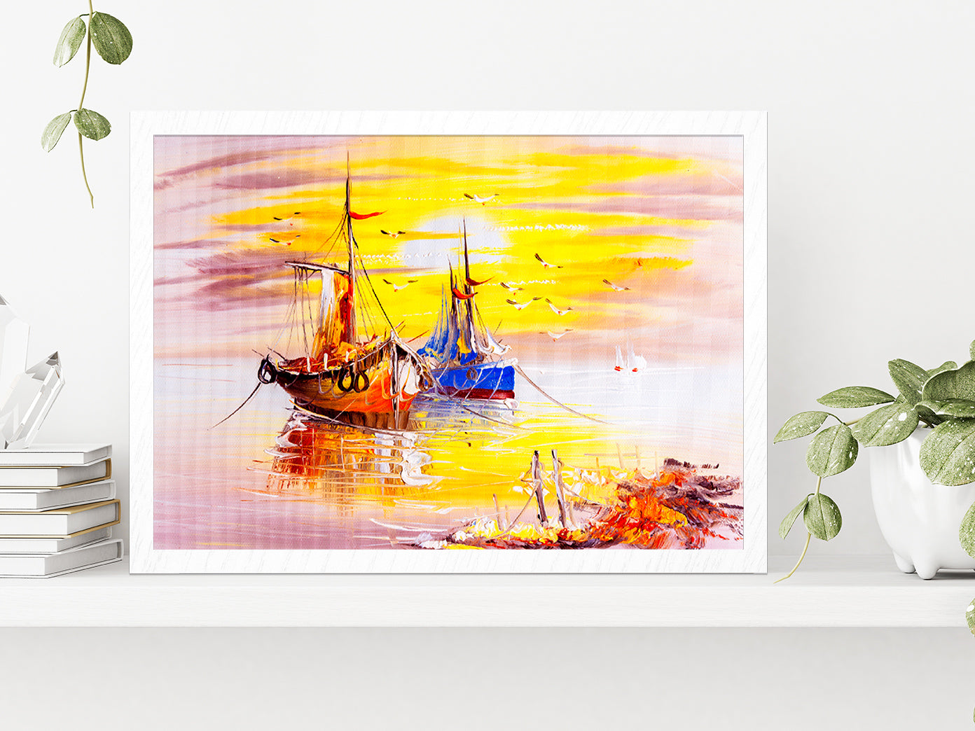 Boats On Sea Oil Painting Glass Framed Wall Art, Ready to Hang Quality Print Without White Border White