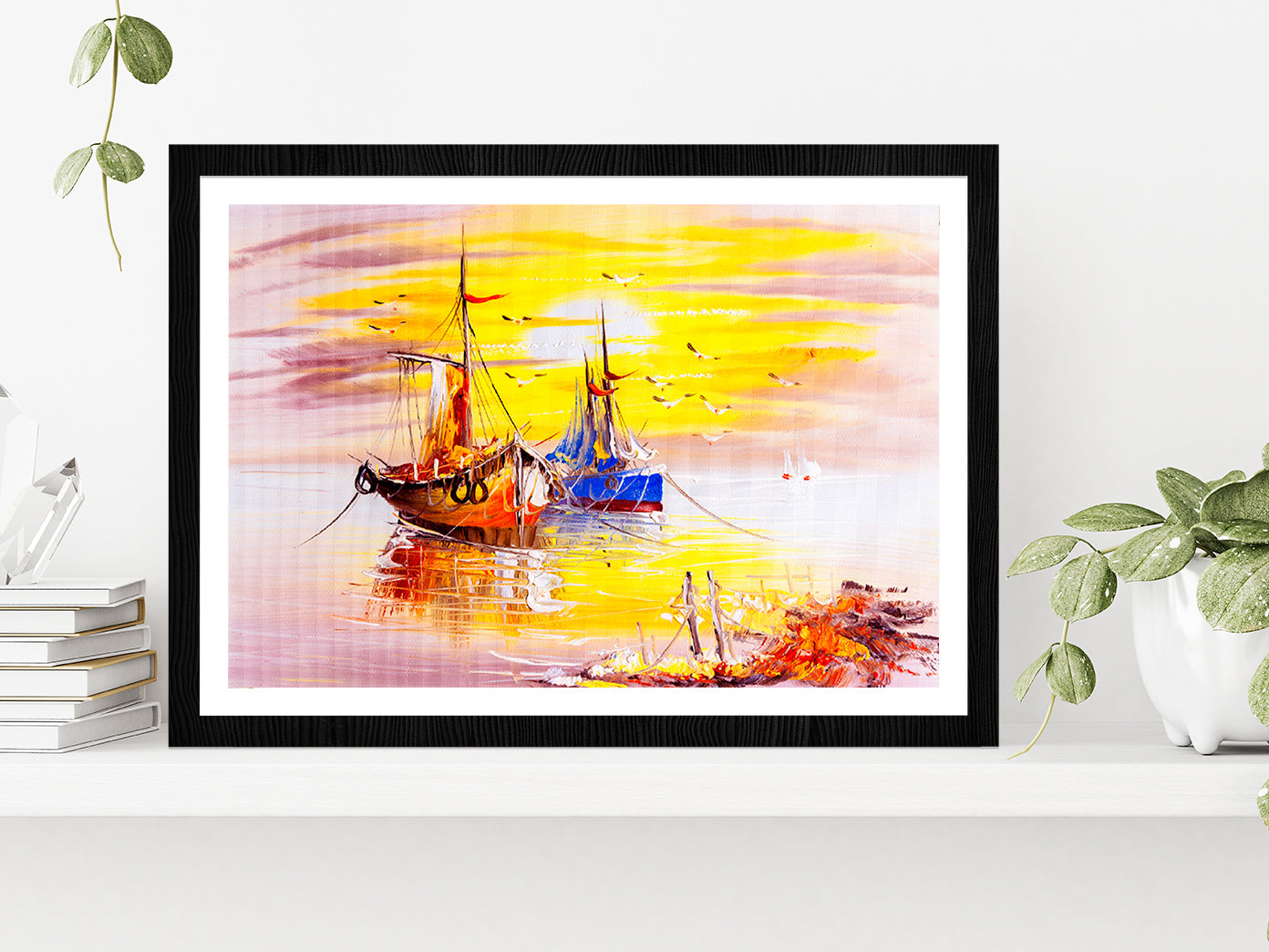 Boats On Sea Oil Painting Glass Framed Wall Art, Ready to Hang Quality Print With White Border Black