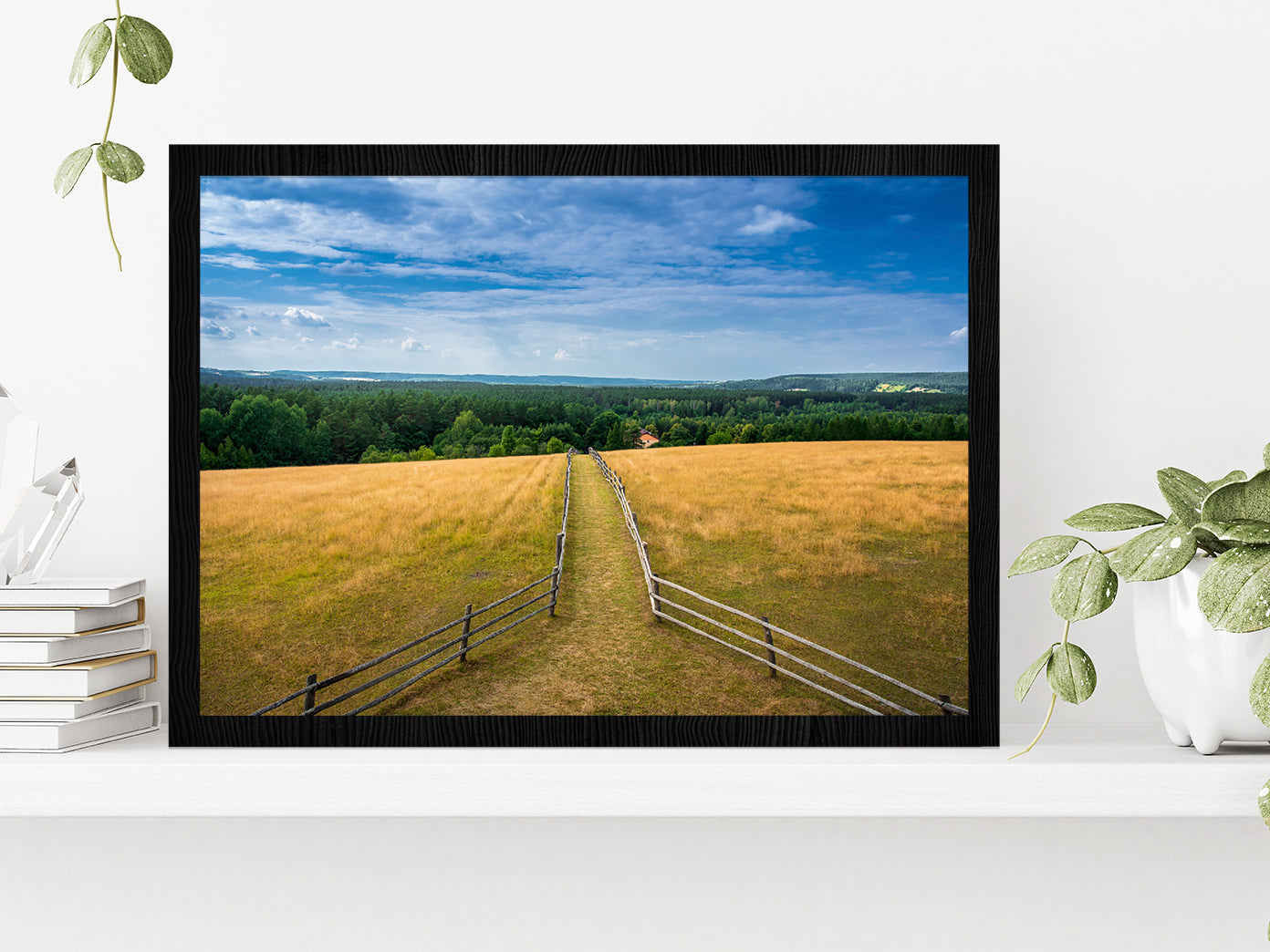 Path Leading To Hill With Tower Glass Framed Wall Art, Ready to Hang Quality Print Without White Border Black