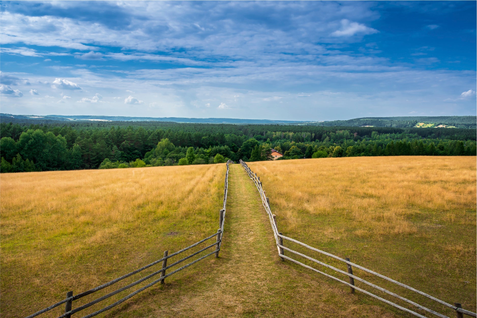 Path Leading To Hill With Tower Glass Framed Wall Art, Ready to Hang Quality Print