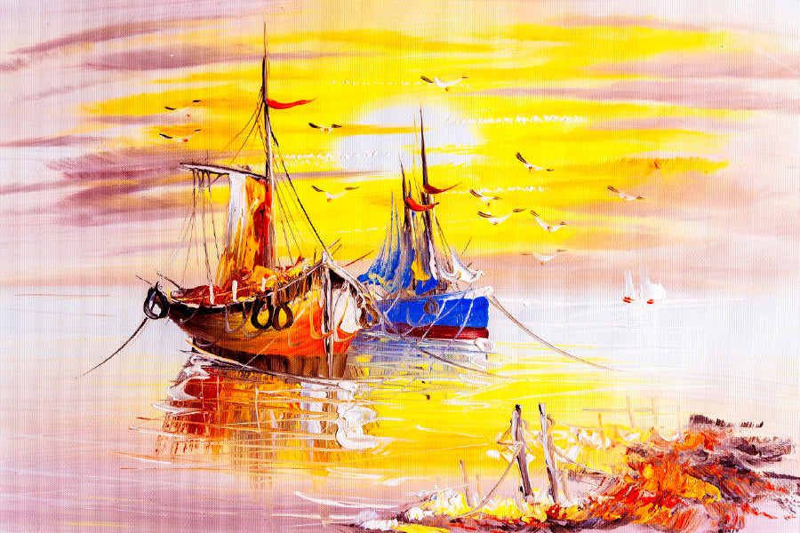 Boats On Sea Oil Painting Glass Framed Wall Art, Ready to Hang Quality Print