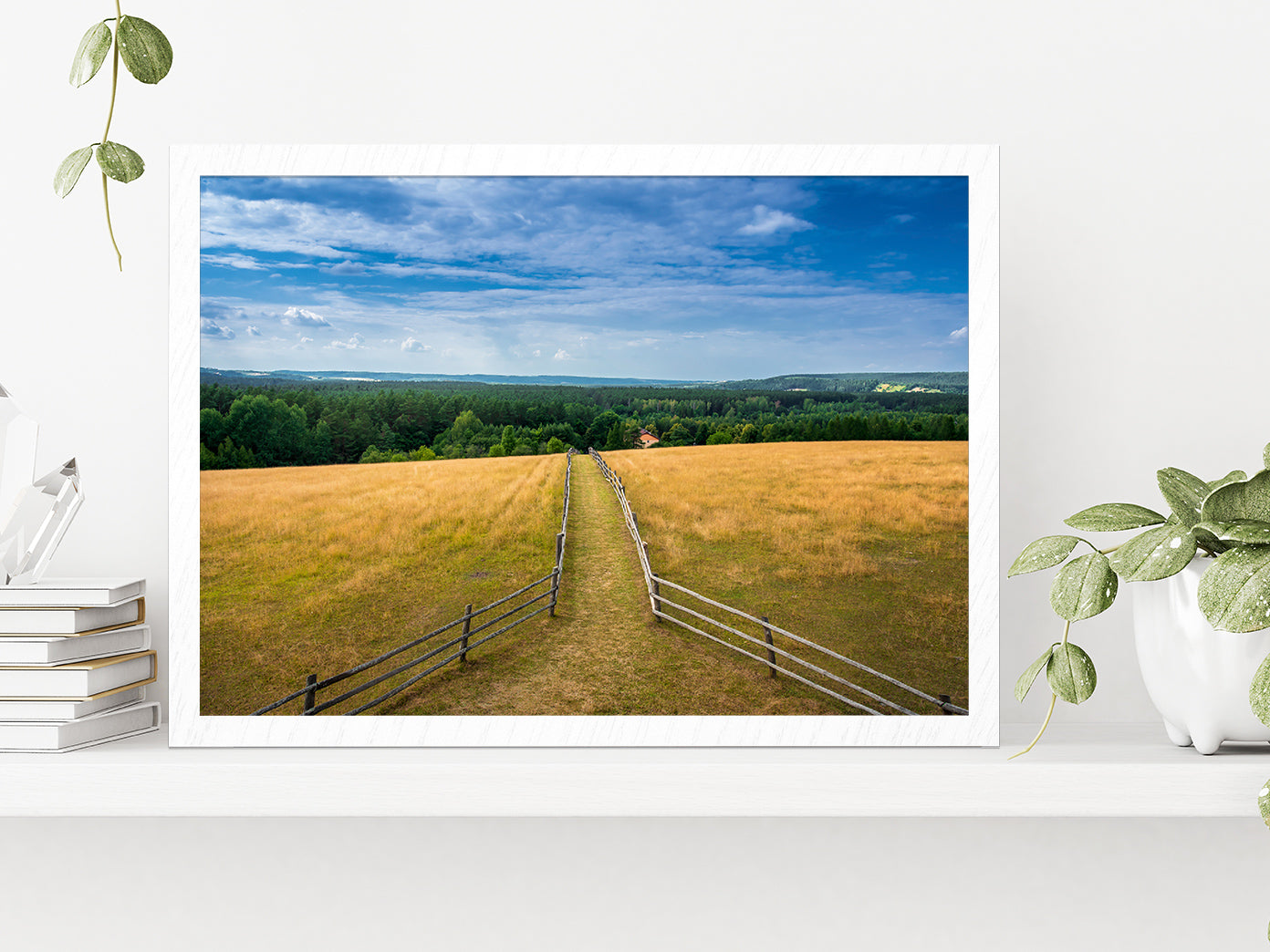 Path Leading To Hill With Tower Glass Framed Wall Art, Ready to Hang Quality Print Without White Border White