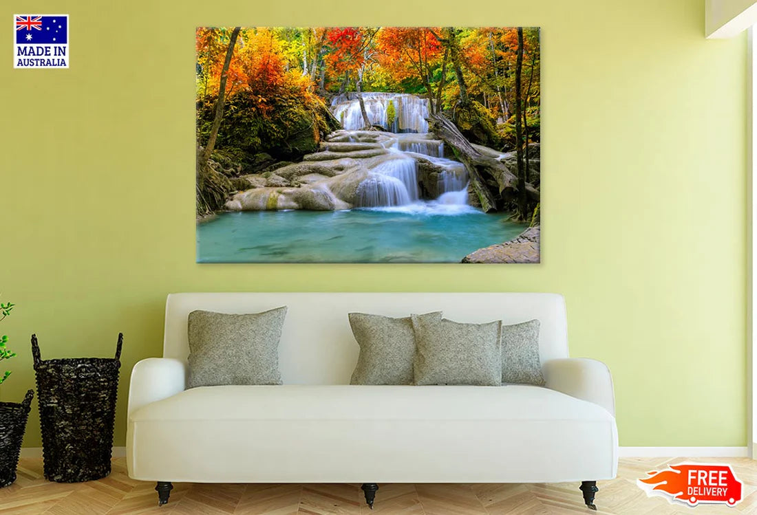 Waterfall In Autumn Forest 90x60cm Print 100% Australian Made