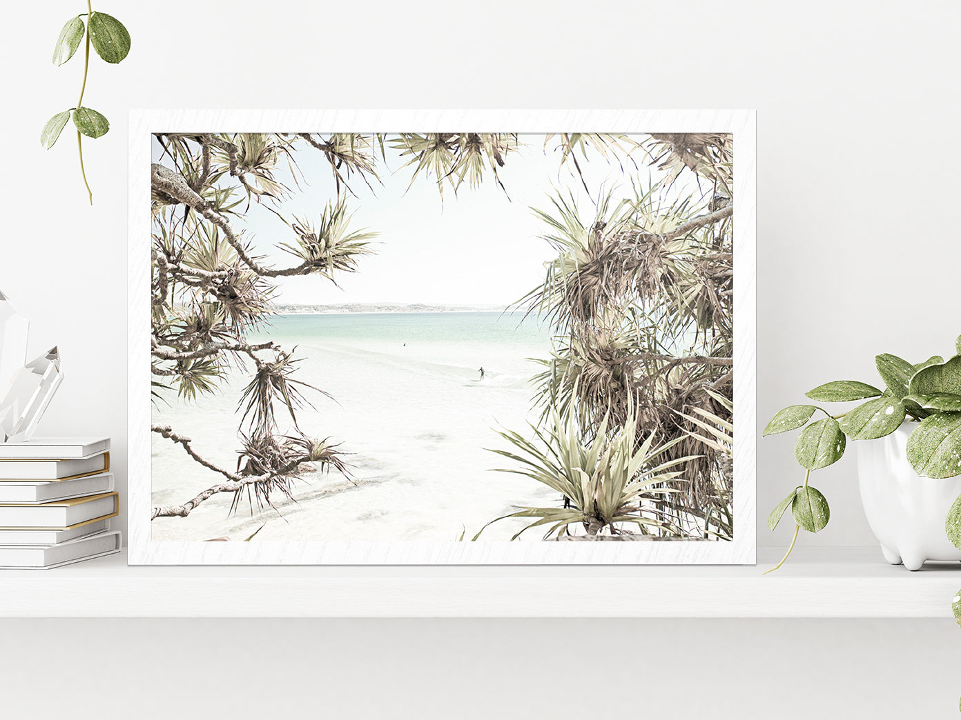 Trees near Surf Beach Faded Photograph Glass Framed Wall Art, Ready to Hang Quality Print Without White Border White